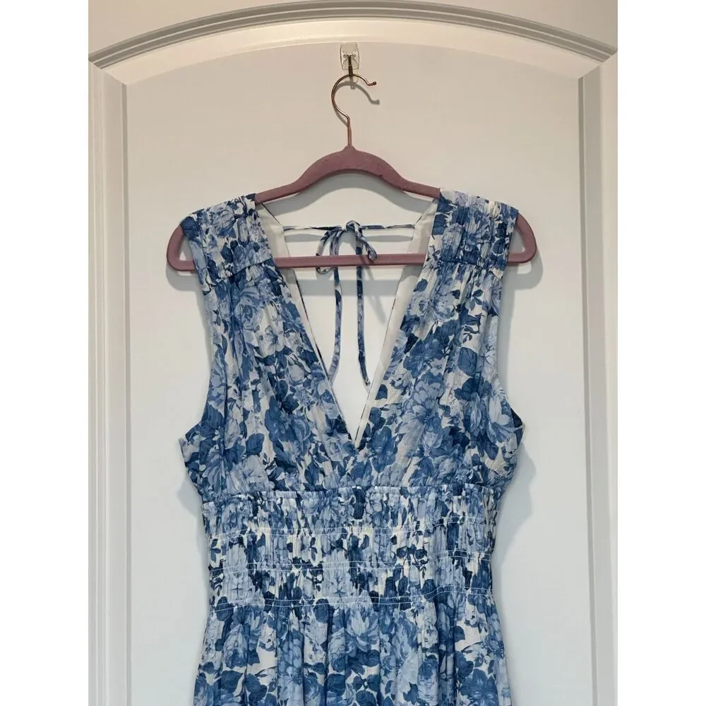 NWT Abercrombie & Fitch Blue White Floral Tie Back Maxi Dress Size Large Petite